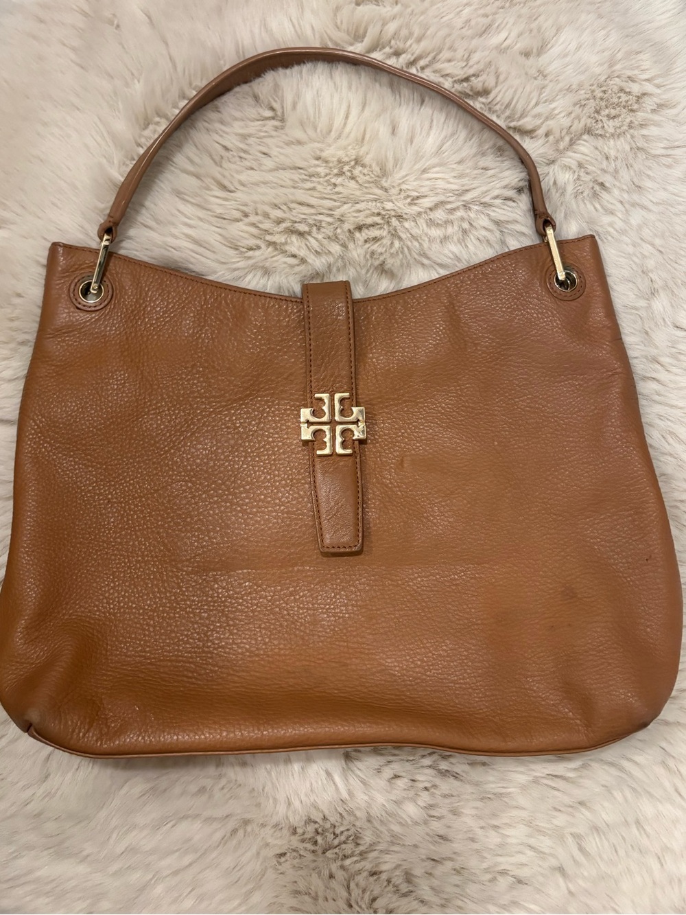 Tory Burch Pebbled Leather Shoulder Bag with Gold Logo